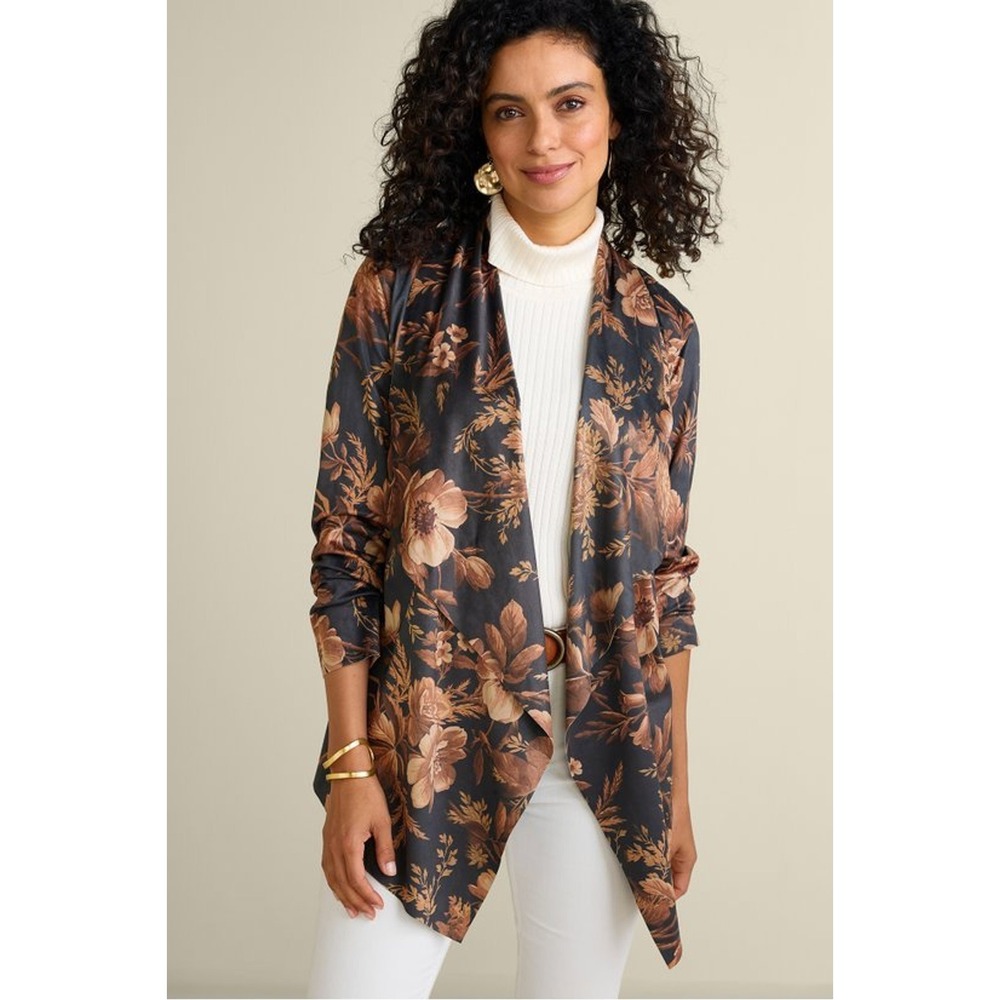 Nwt Soft‎ surroundings suede black brown floral whimsigoth cardigan open front L